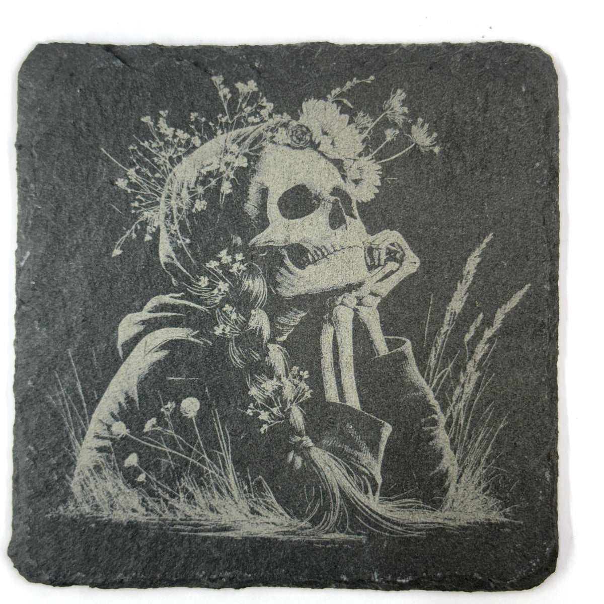 Gothic Skeleton Portraits, Floral Skull Art, Set of 4 Laser Engraved Slate Coasters