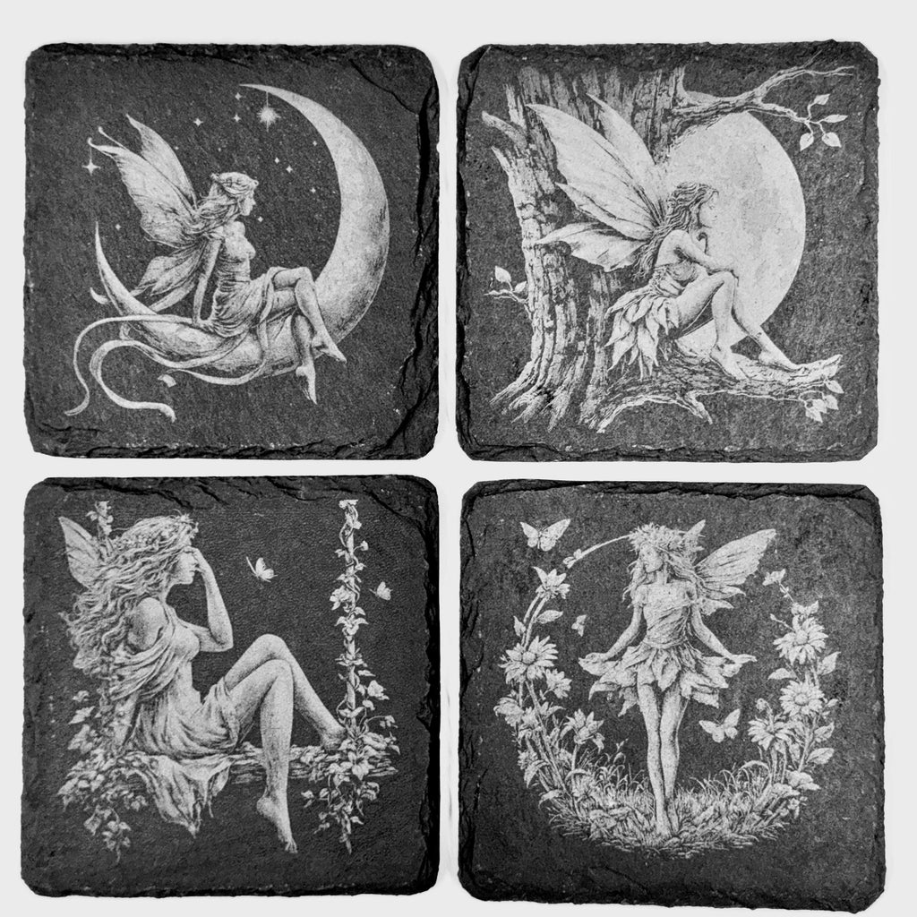Fairy Moon Garden Fantasy Art, Set of 4 Laser Engraved Slate Coasters
