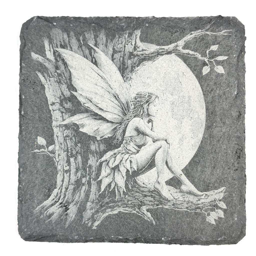 Fairy Moon Garden Fantasy Art, Set of 4 Laser Engraved Slate Coasters