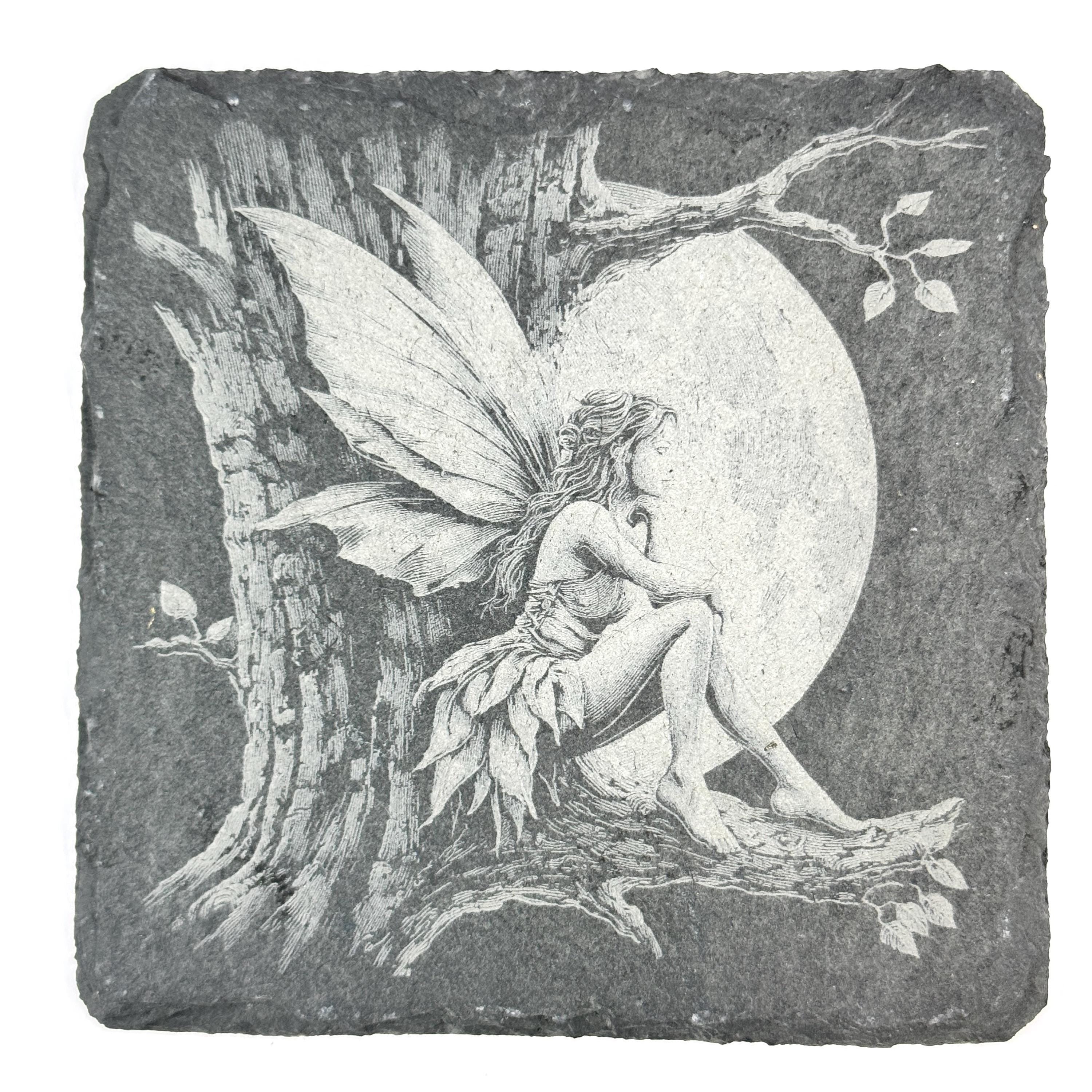 Fairy Moon Garden Fantasy Art, Set of 4 Laser Engraved Slate Coasters