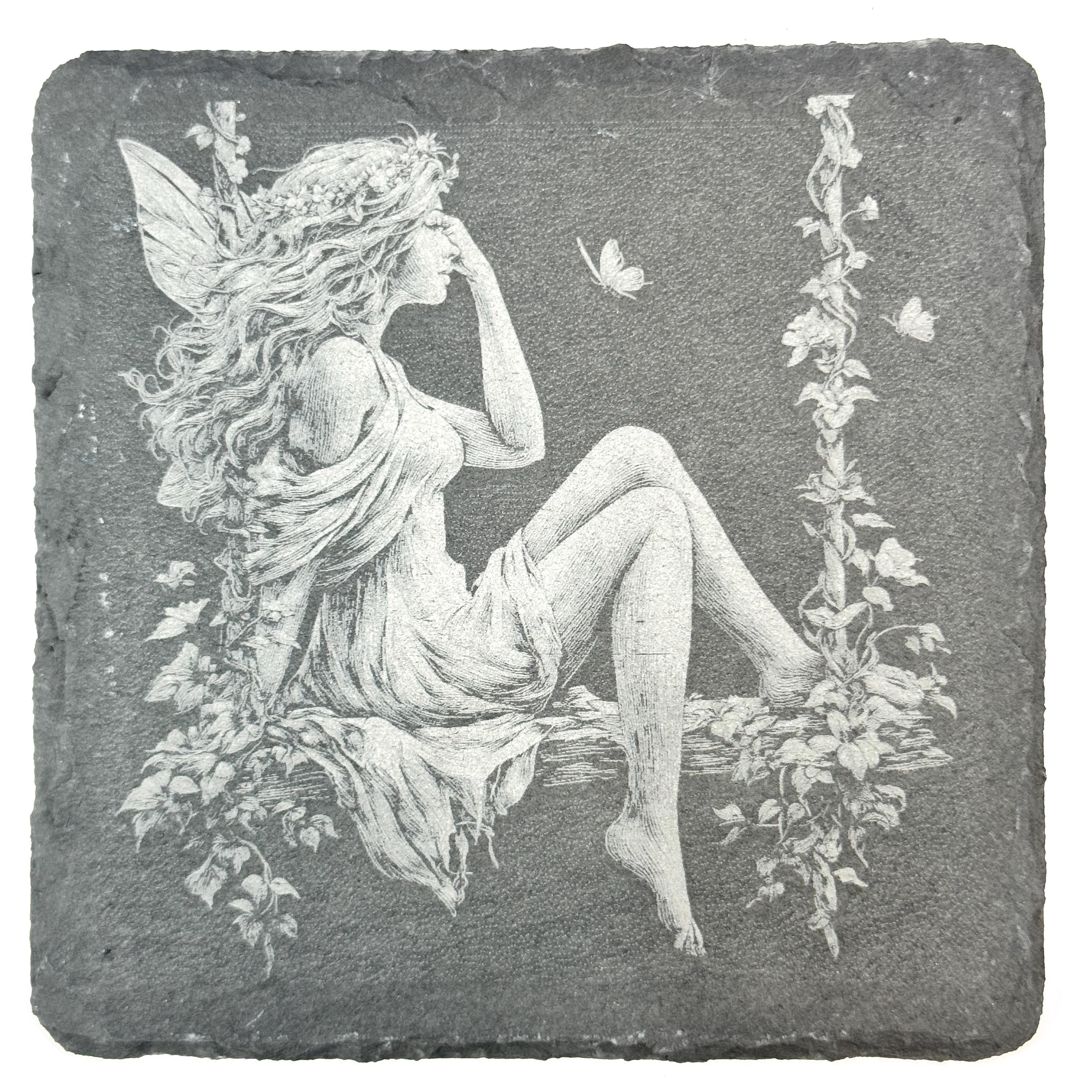 Fairy Moon Garden Fantasy Art, Set of 4 Laser Engraved Slate Coasters
