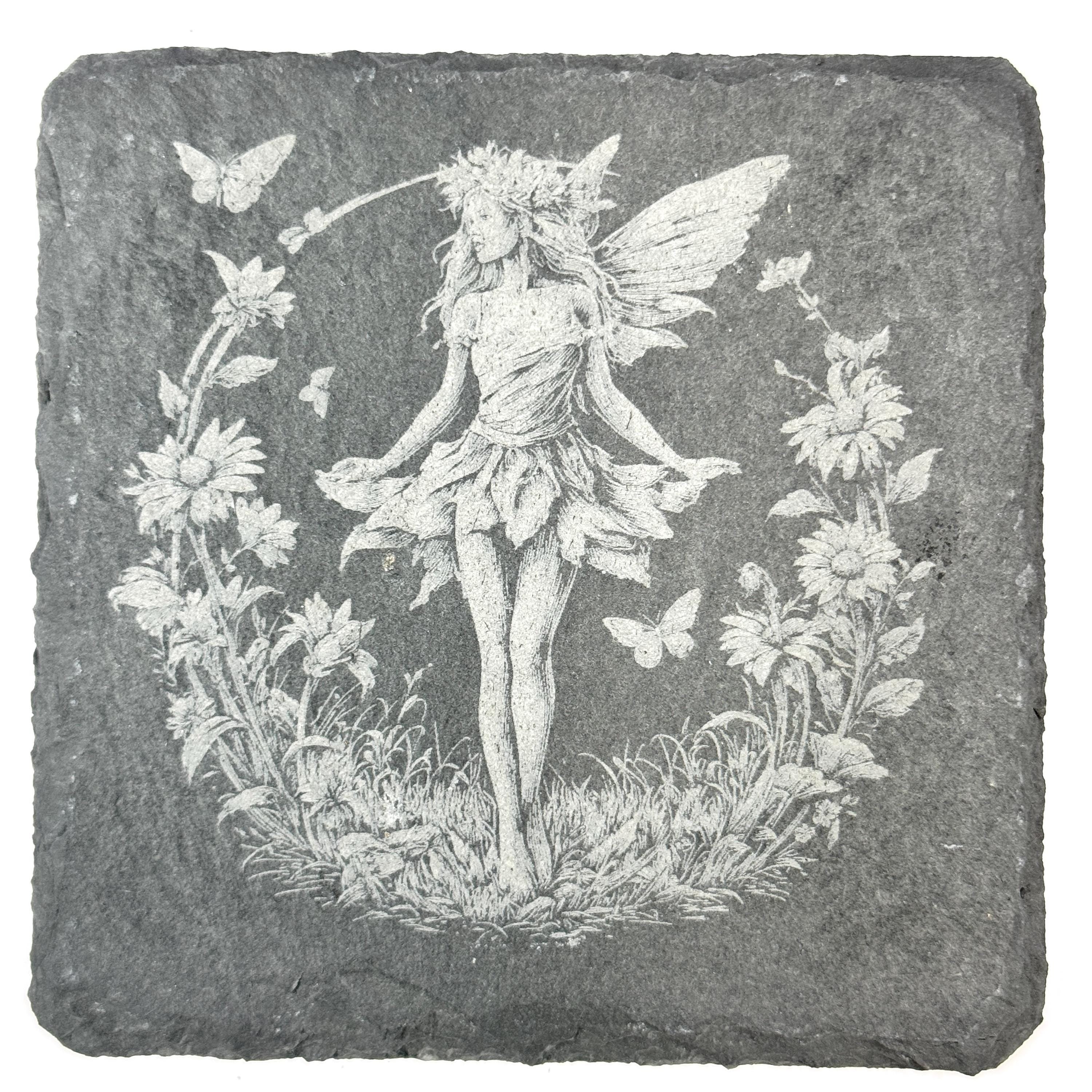 Fairy Moon Garden Fantasy Art, Set of 4 Laser Engraved Slate Coasters