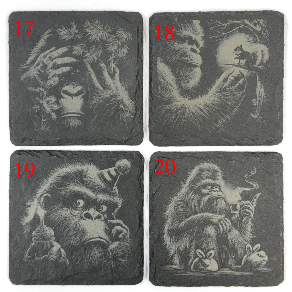 Funny Bigfoot and Sasquatch Scenes – Choose Any 4 Laser Engraved Slate Coasters