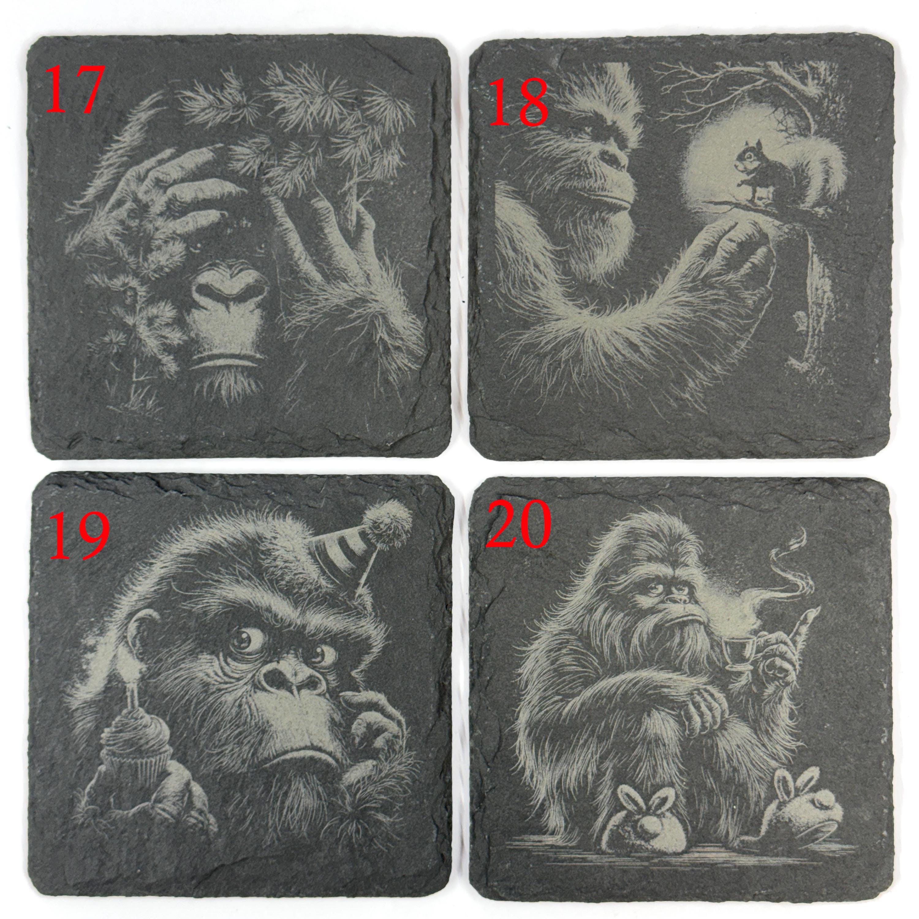Funny Bigfoot and Sasquatch Scenes – Choose Any 4 Laser Engraved Slate Coasters