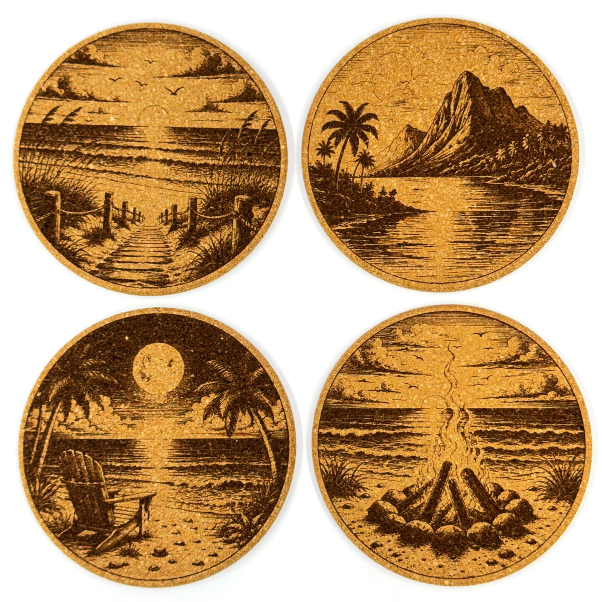 Tropical Beach Scenes Round Cork Coaster Set of 4 – Laser Engraved Coastal Drink Coasters