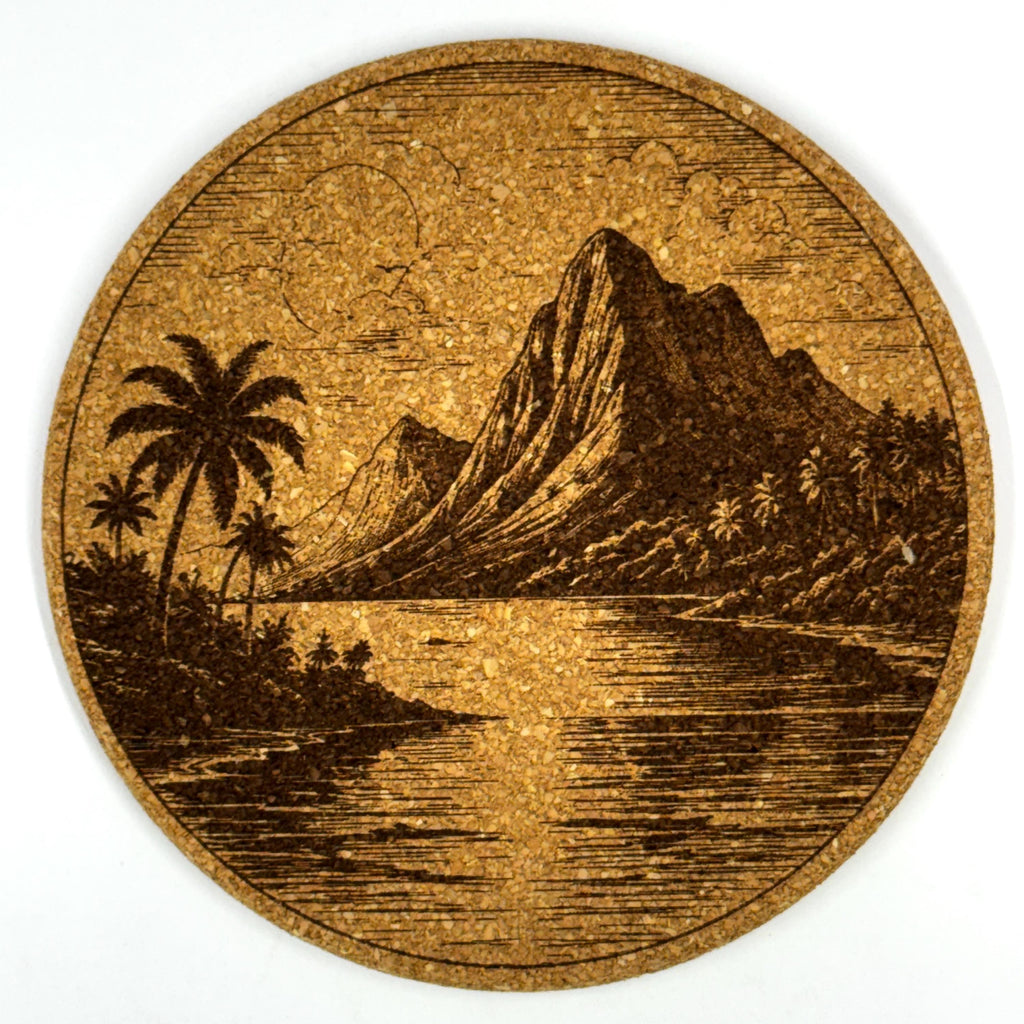 Tropical Beach Scenes Round Cork Coaster Set of 4 – Laser Engraved Coastal Drink Coasters