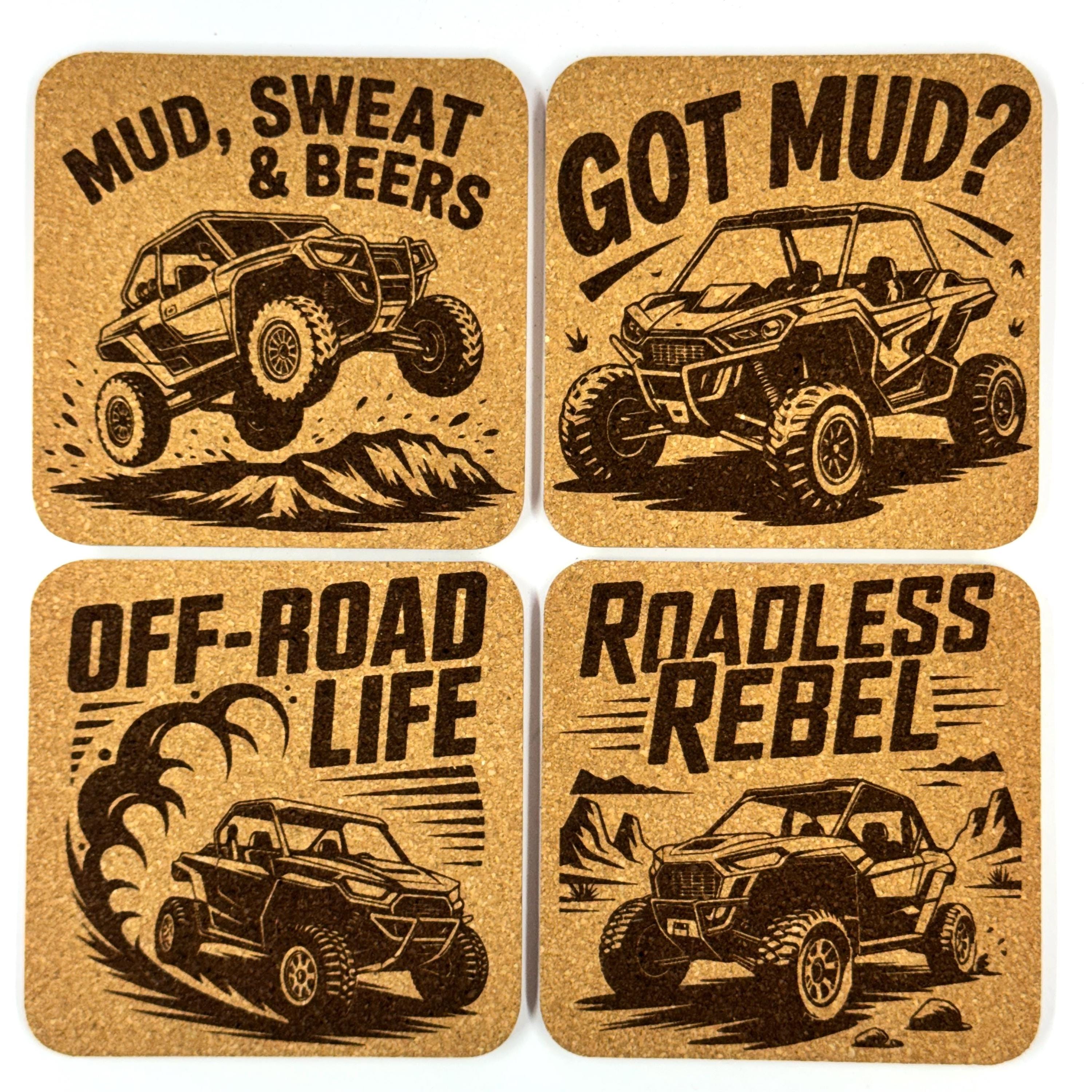 Off Road UTV Adventure, Set of 4 Laser Engraved Cork Coasters