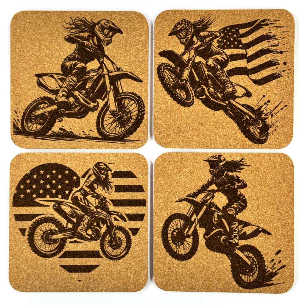 Dirt Bike Motocross Riders, Set of 4 Laser Engraved Cork Coasters