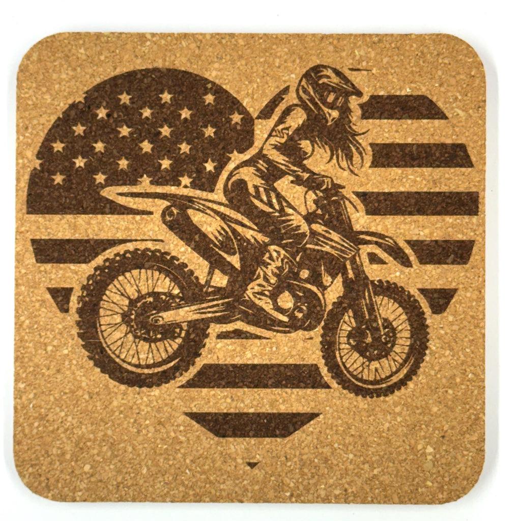 Dirt Bike Motocross Riders, Set of 4 Laser Engraved Cork Coasters