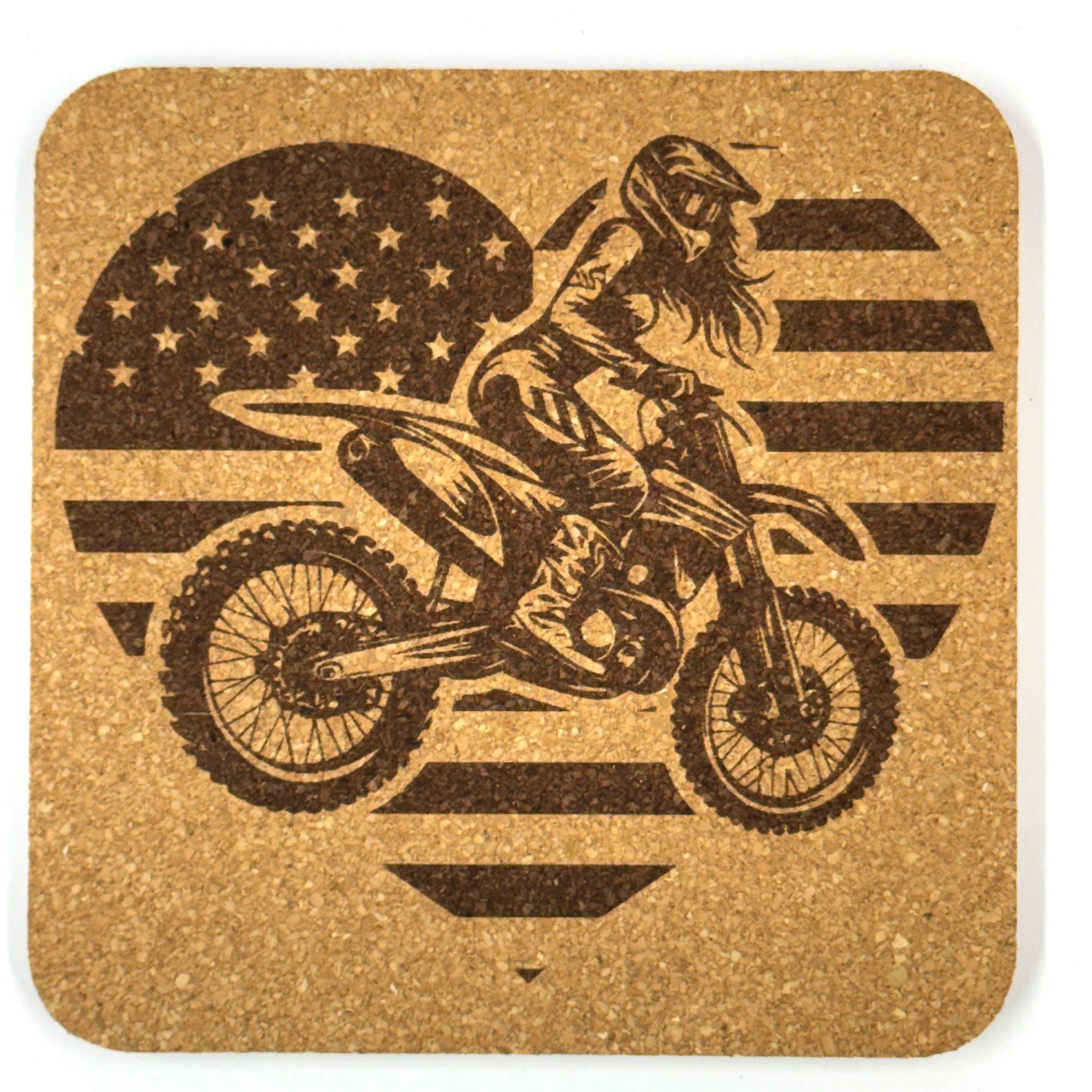 Dirt Bike Motocross Riders, Set of 4 Laser Engraved Cork Coasters