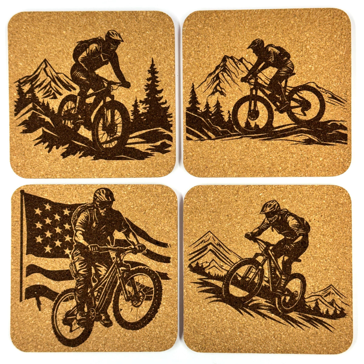 Mountain Bike Trail Riders, Set of 4 Laser Engraved Cork Coasters