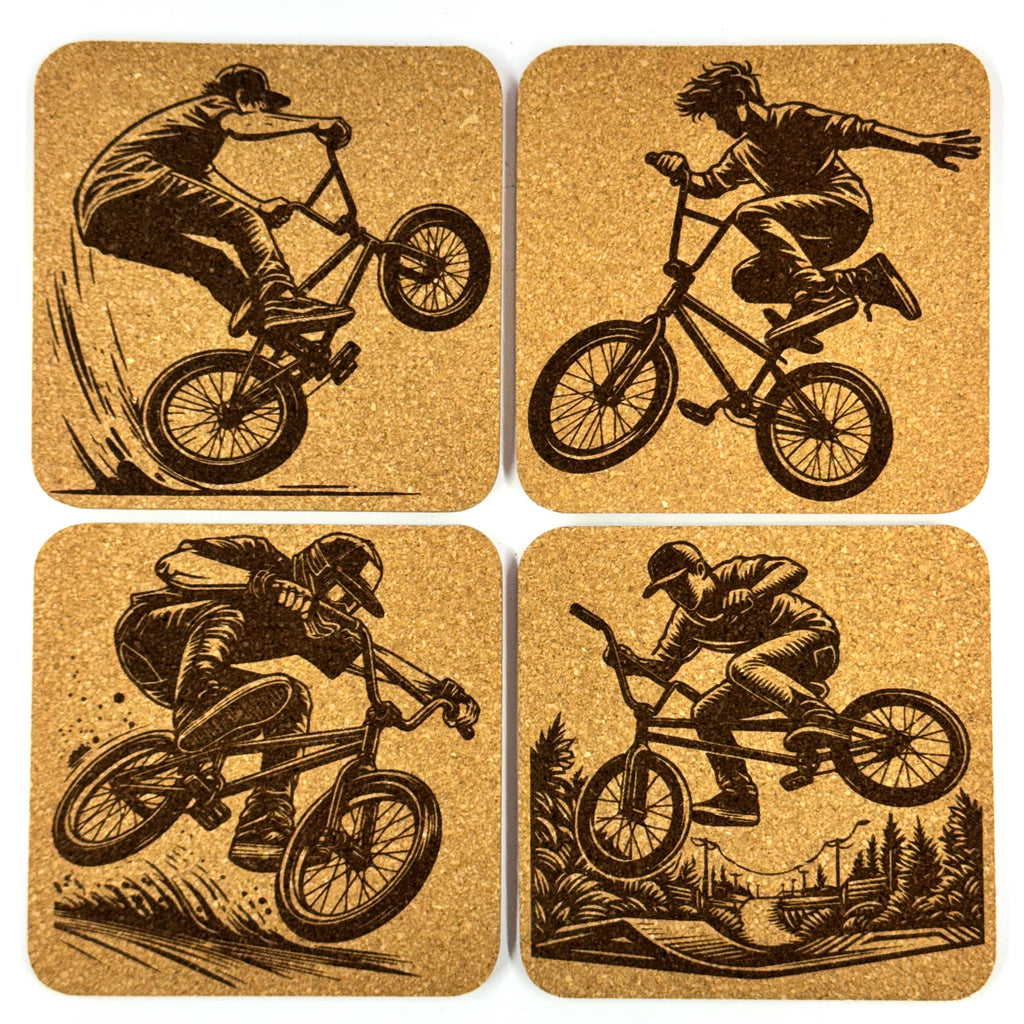 BMX Trick Riders, Set of 4 Laser Engraved Cork Coasters