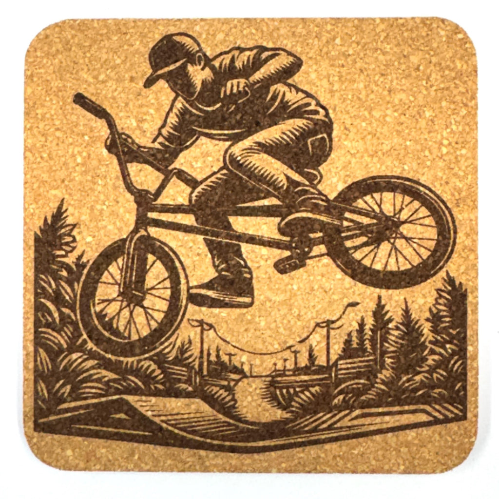 BMX Trick Riders, Set of 4 Laser Engraved Cork Coasters