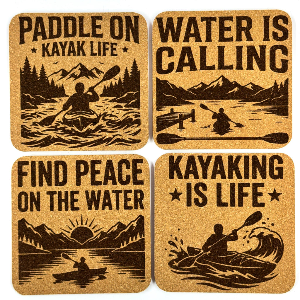 Kayak Lake Adventure, Set of 4 Laser Engraved Cork Coasters