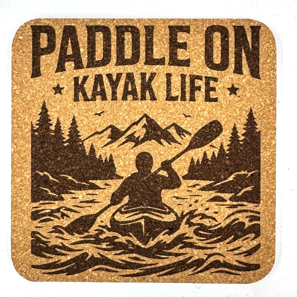 Kayak Lake Adventure, Set of 4 Laser Engraved Cork Coasters