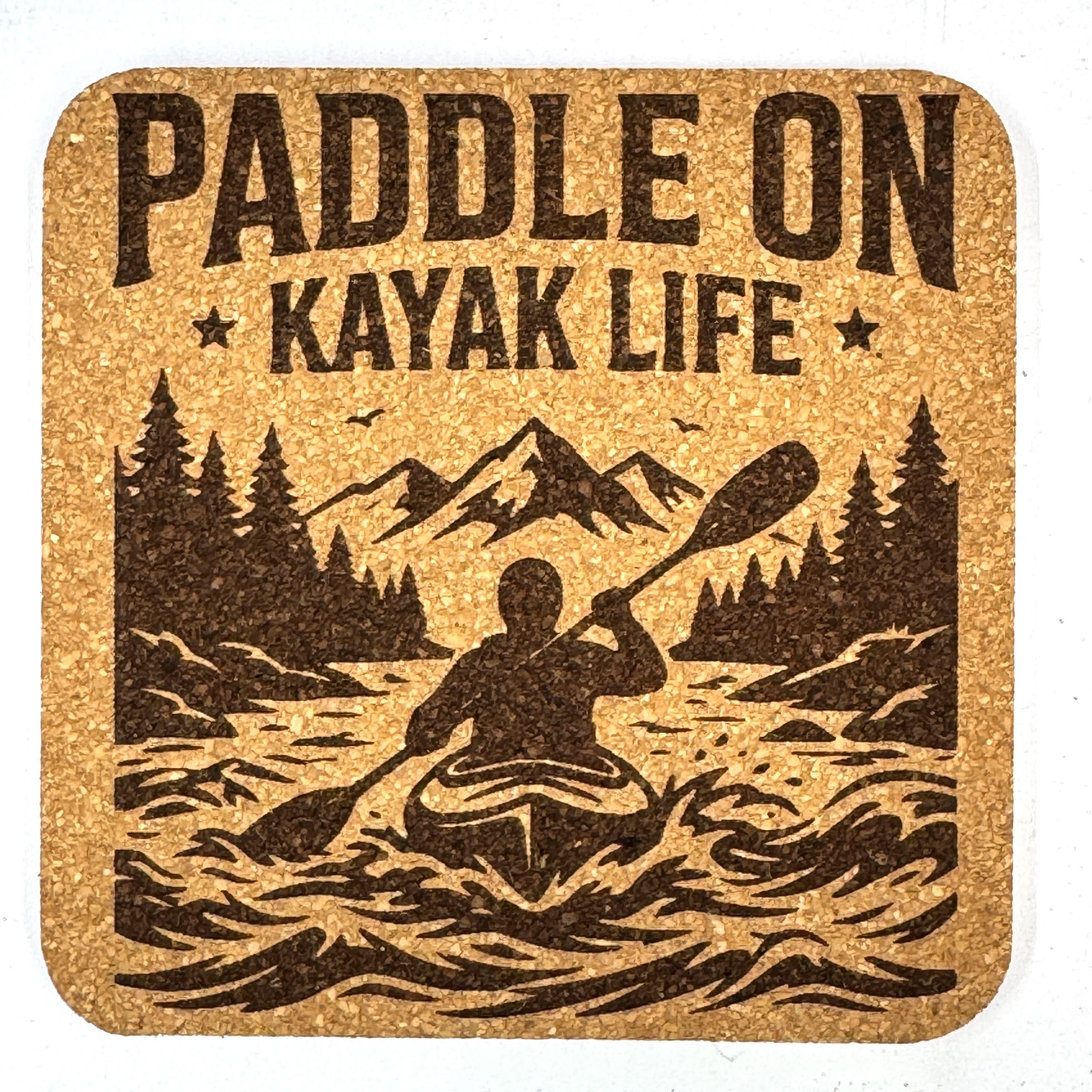 Kayak Lake Adventure, Set of 4 Laser Engraved Cork Coasters