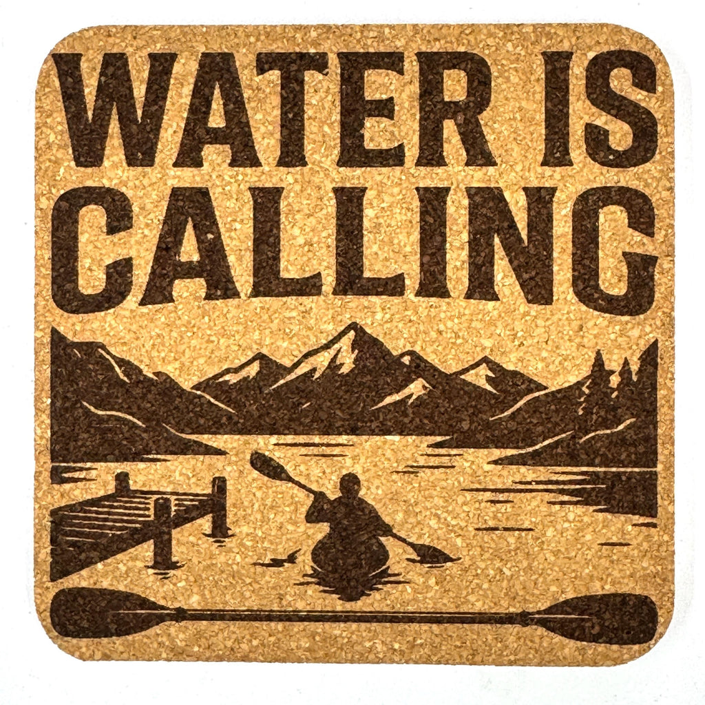 Kayak Lake Adventure, Set of 4 Laser Engraved Cork Coasters
