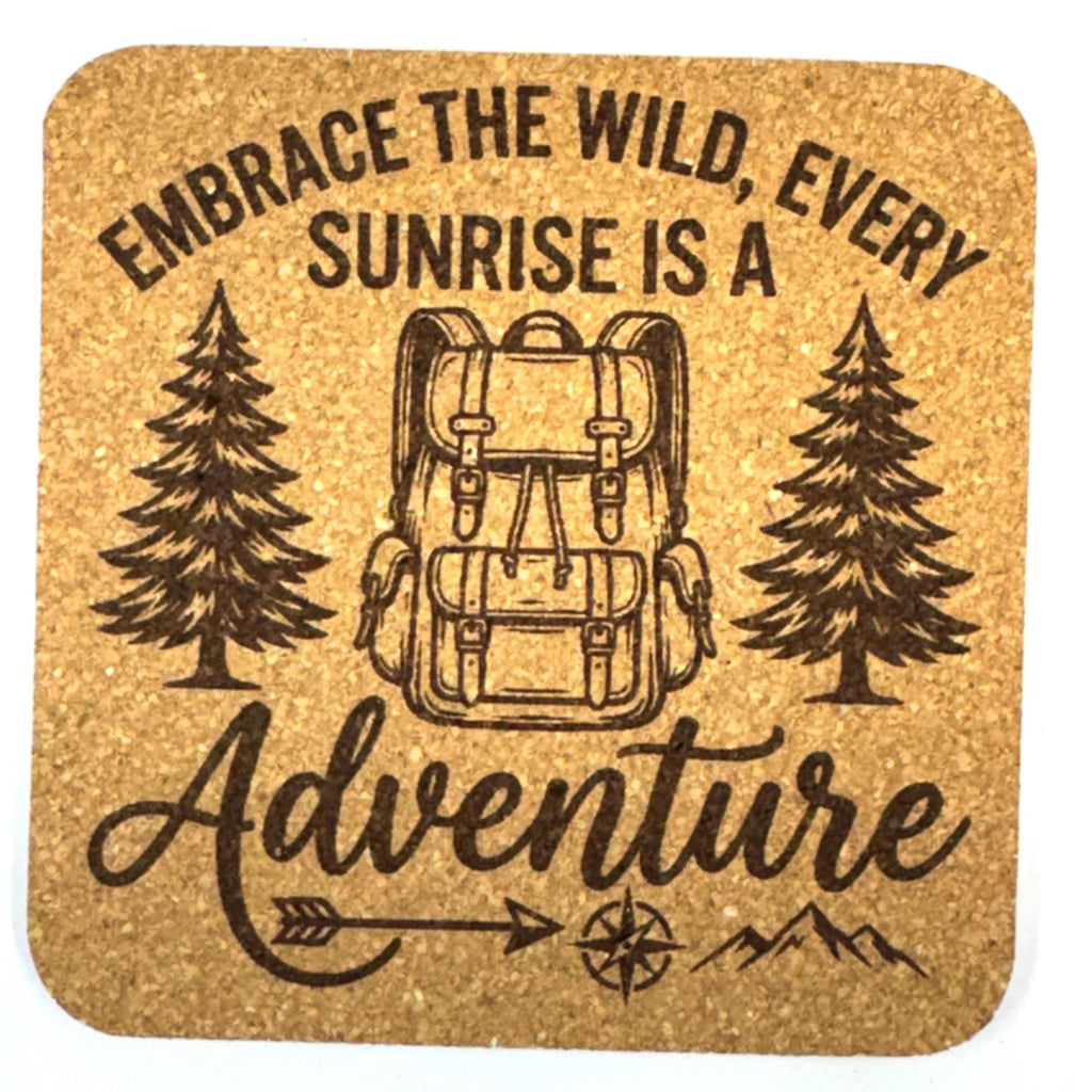 Camping Hiking Adventure, Set of 4 Laser Engraved Cork Coasters