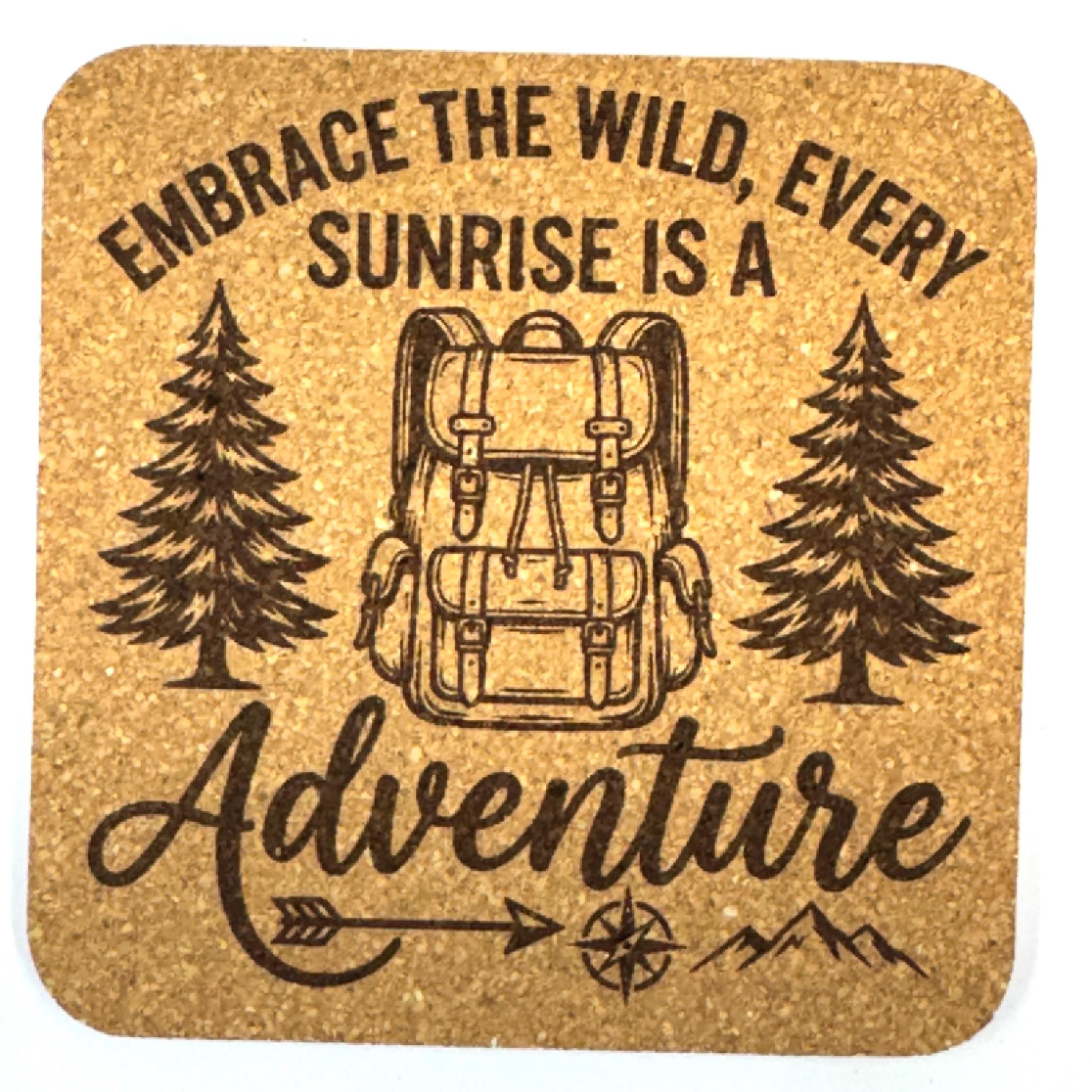 Camping Hiking Adventure, Set of 4 Laser Engraved Cork Coasters