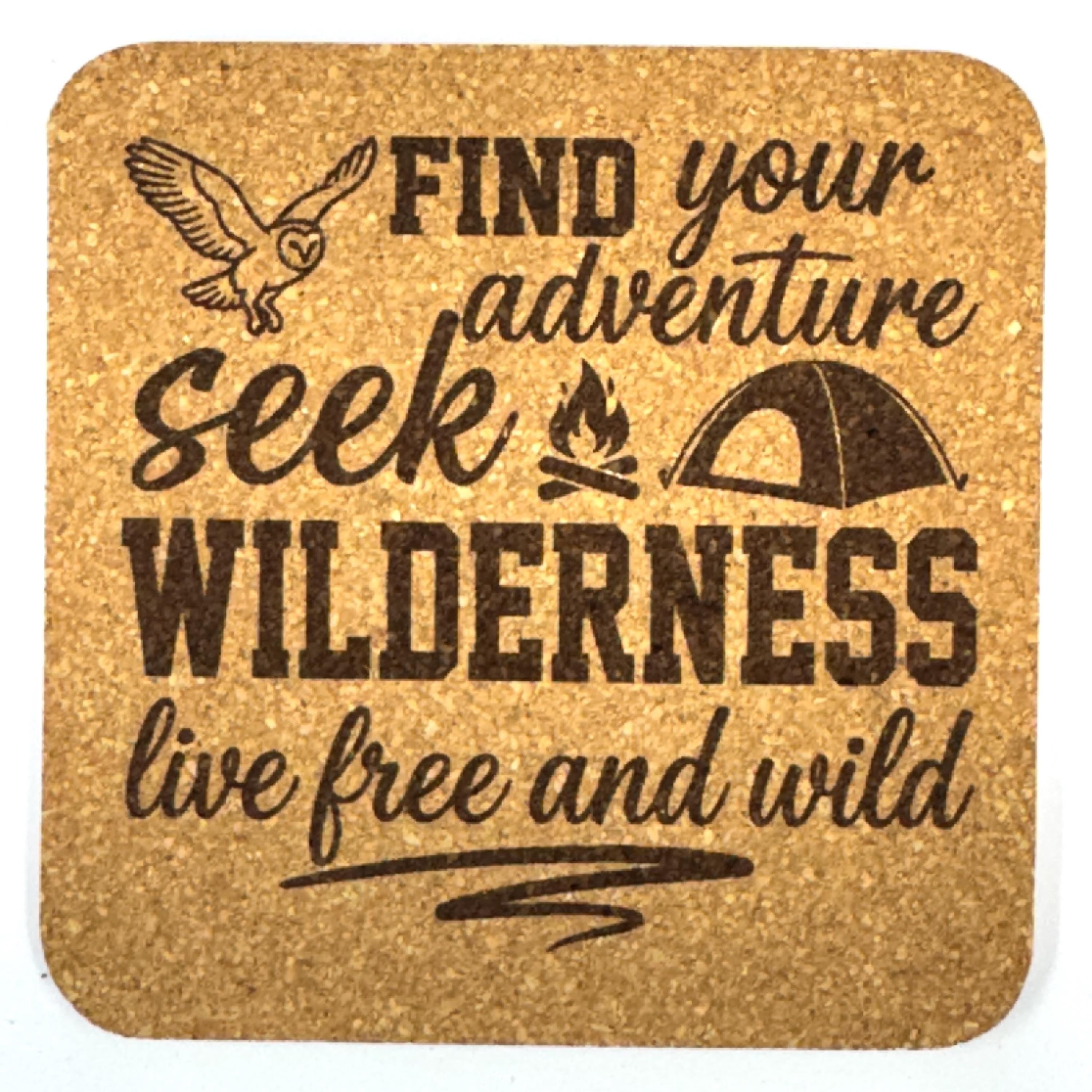 Camping Hiking Adventure, Set of 4 Laser Engraved Cork Coasters