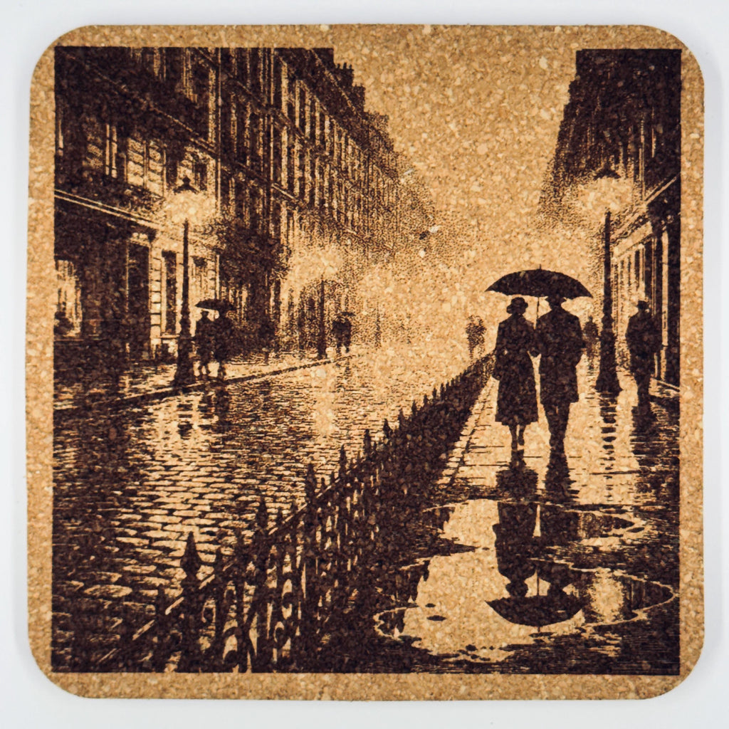 European City Nights, Romantic Travel Decor, Set of 4 Laser Engraved Cork Coasters