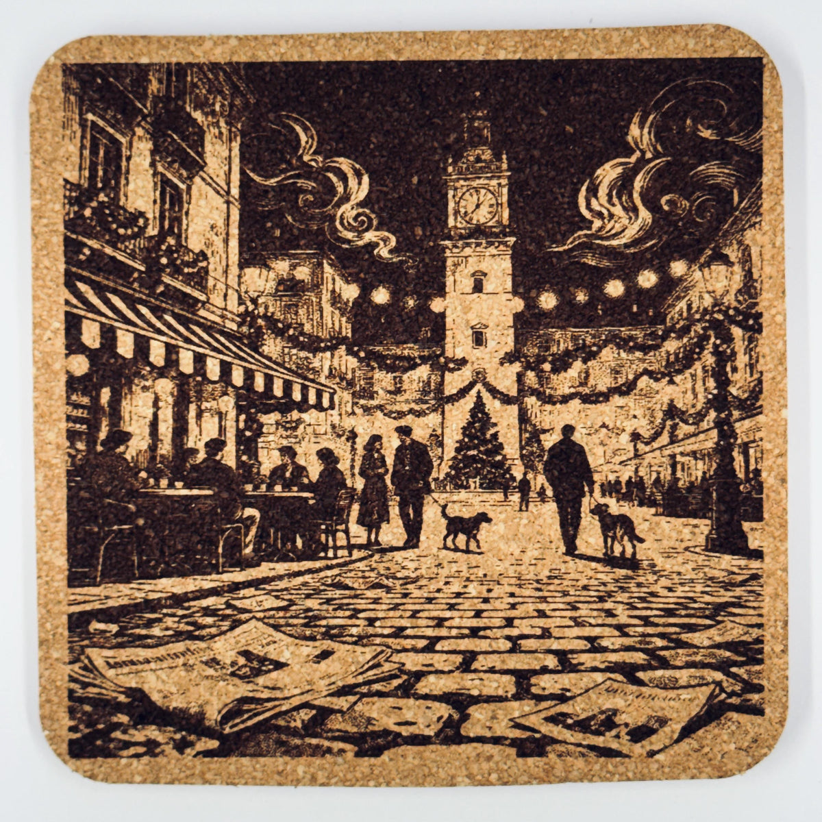 European City Nights, Romantic Travel Decor, Set of 4 Laser Engraved Cork Coasters