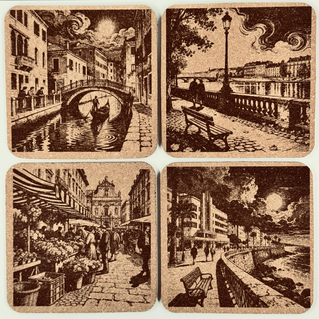 Moonlit European Streets, Set of 4 Laser Engraved Cork Coasters