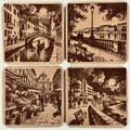 Moonlit European Streets, Set of 4 Laser Engraved Cork Coasters