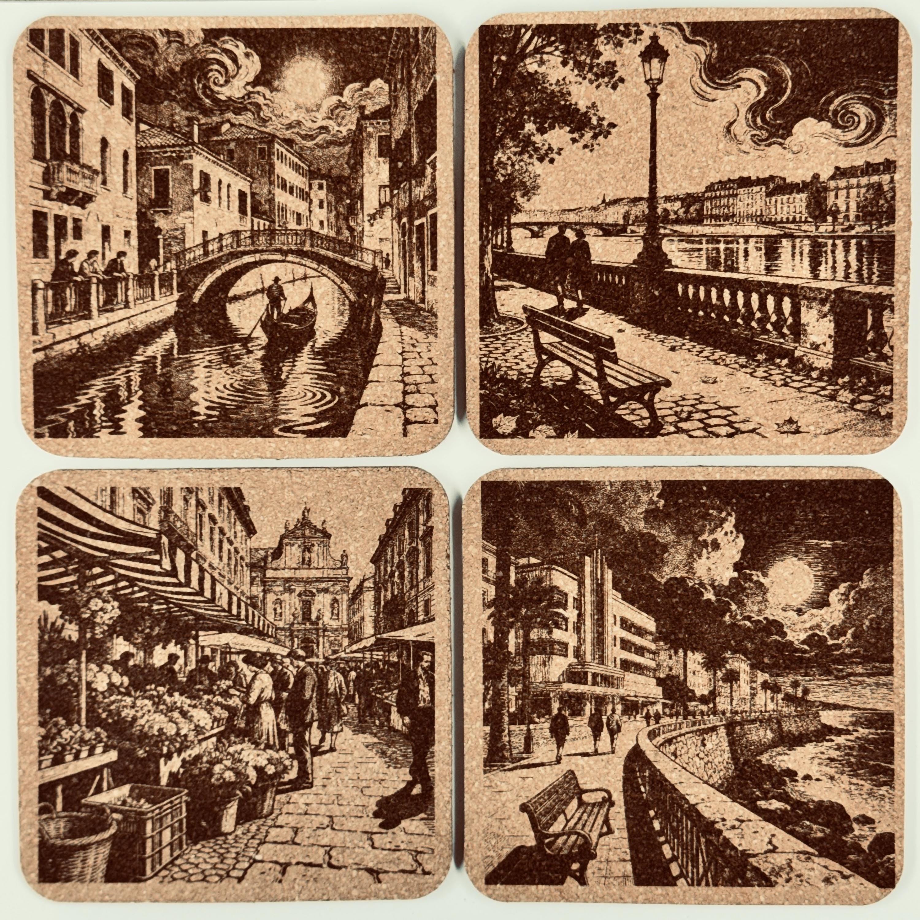 Moonlit European Streets, Set of 4 Laser Engraved Cork Coasters