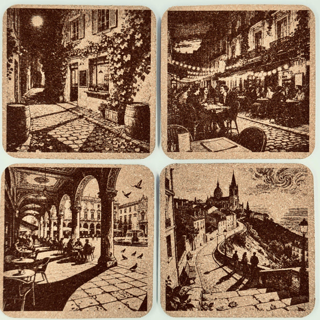 Old World Café Streets, Set of 4 Laser Engraved Cork Coasters