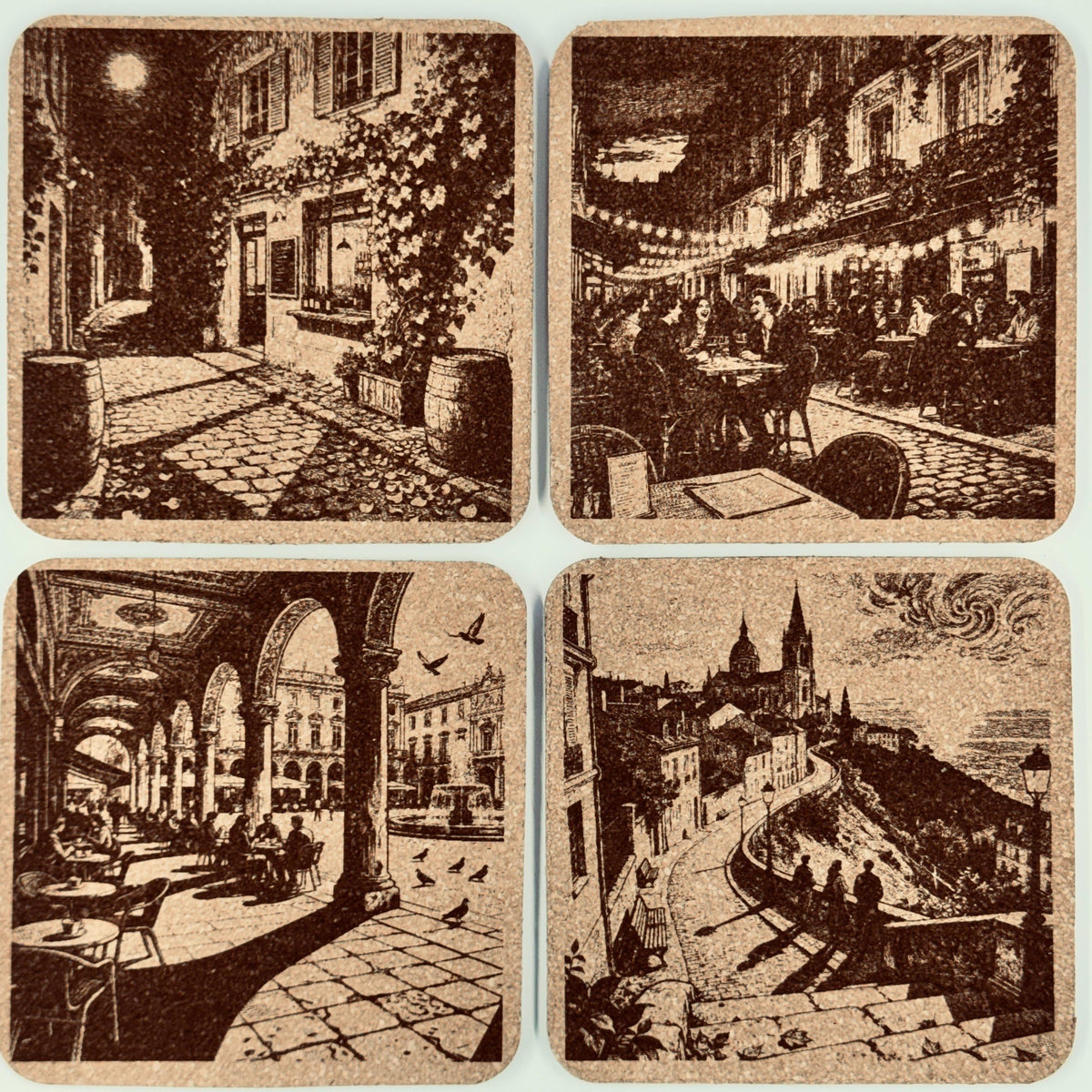 Old World Café Streets, Set of 4 Laser Engraved Cork Coasters