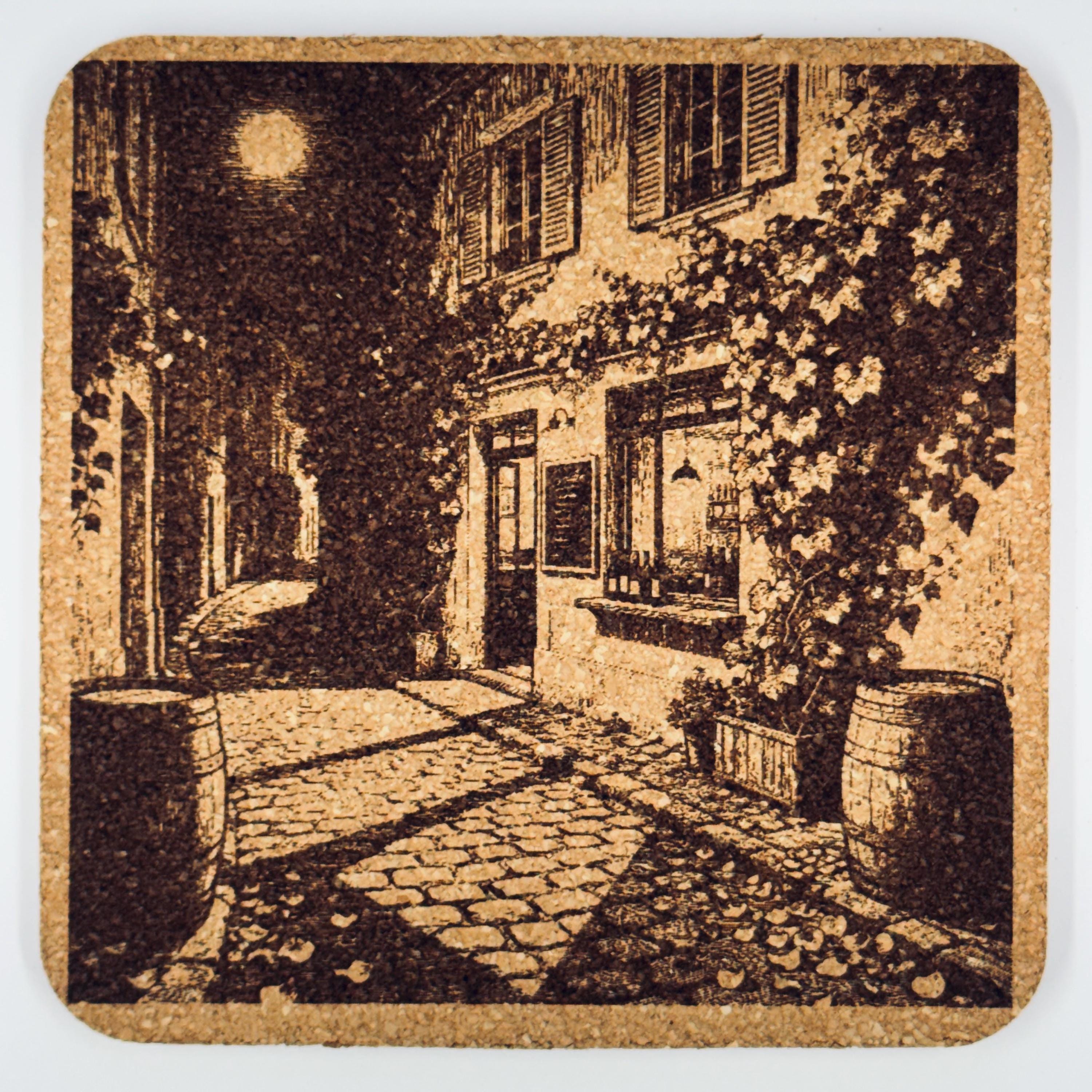 Old World Café Streets, Set of 4 Laser Engraved Cork Coasters