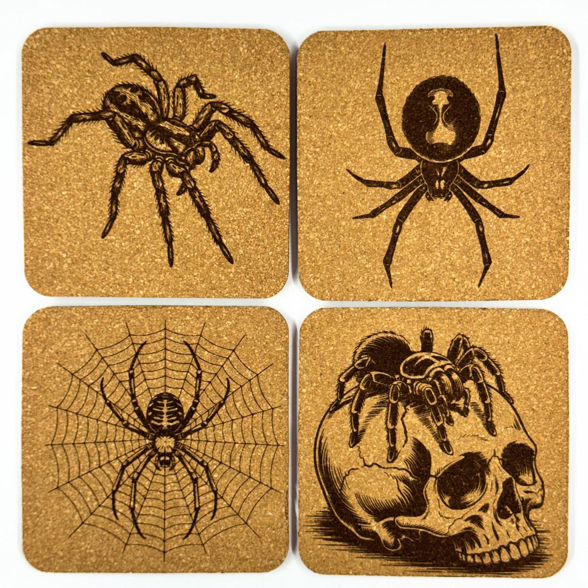 Spiders & Skulls, Set of 4 Laser Engraved Cork Coasters