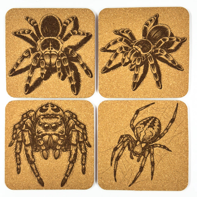 Cute Arachnid Spider Portraits, Set of 4 Laser Engraved Cork Coasters