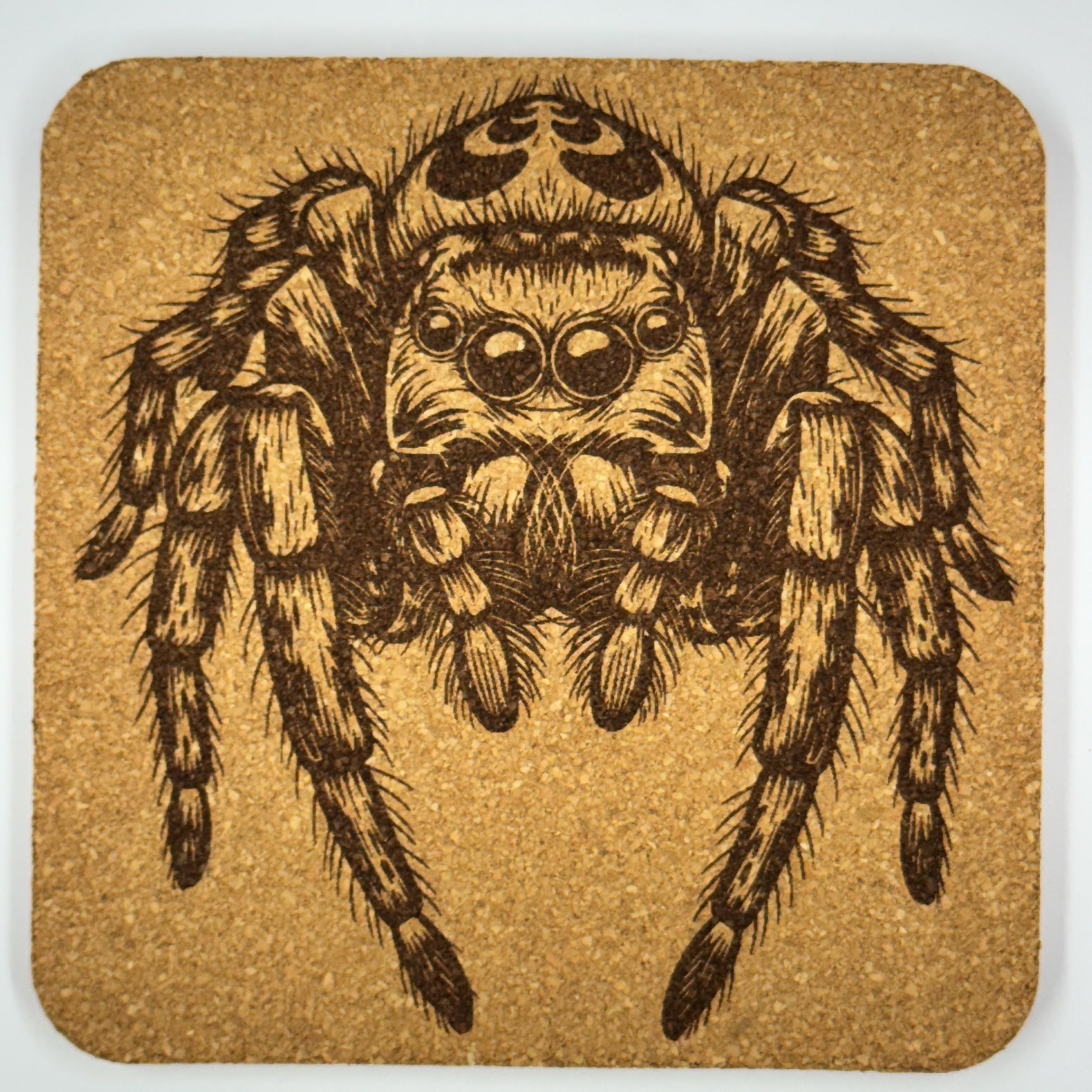 Cute Arachnid Spider Portraits, Set of 4 Laser Engraved Cork Coasters