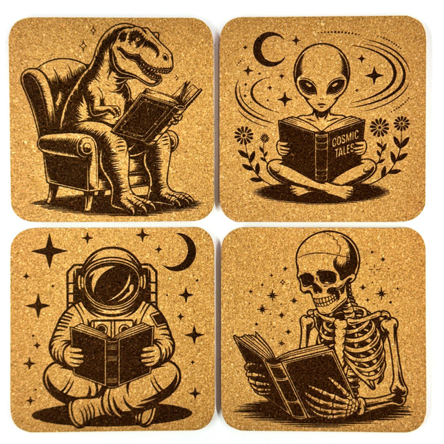 Fantasy Sci-Fi Readers, Set of 4 Laser Engraved Cork Coasters
