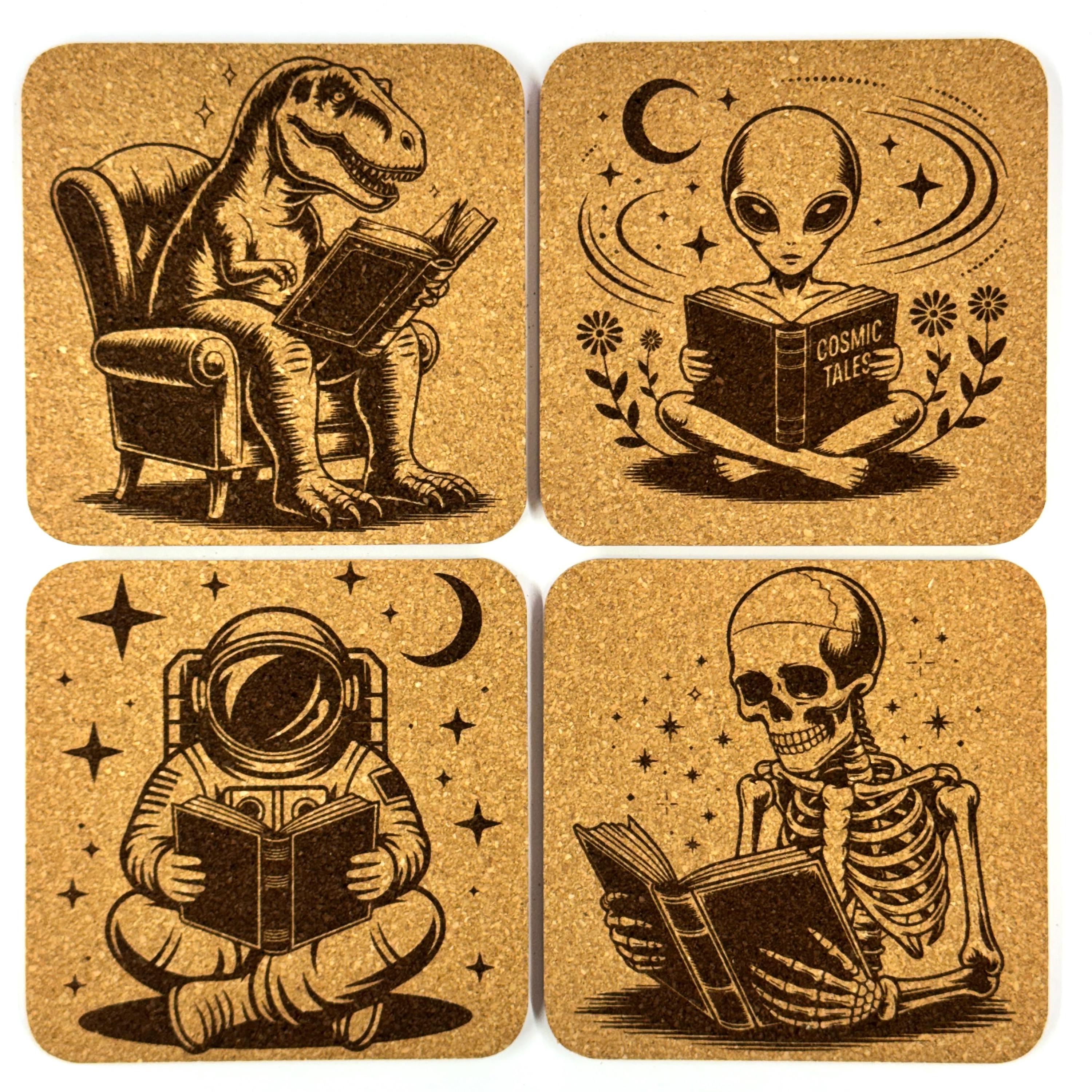 Fantasy Sci-Fi Readers, Set of 4 Laser Engraved Cork Coasters