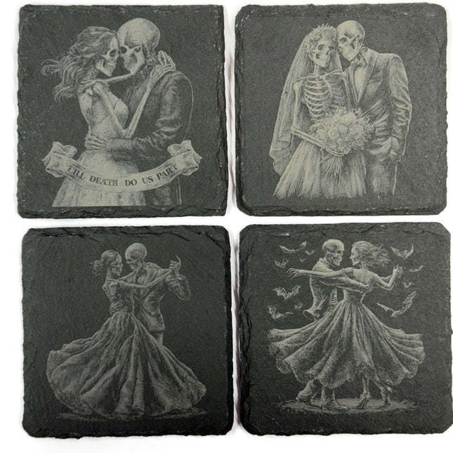 Gothic Dancing Bride & Groom Skeleton Couples Set of 4 Laser Engraved Slate Coasters