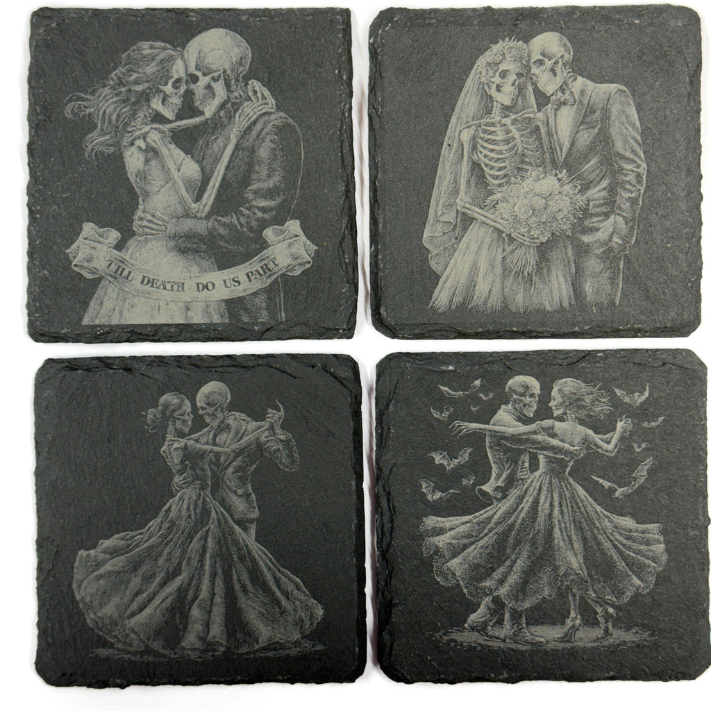 Gothic Dancing Bride & Groom Skeleton Couples Set of 4 Laser Engraved Slate Coasters