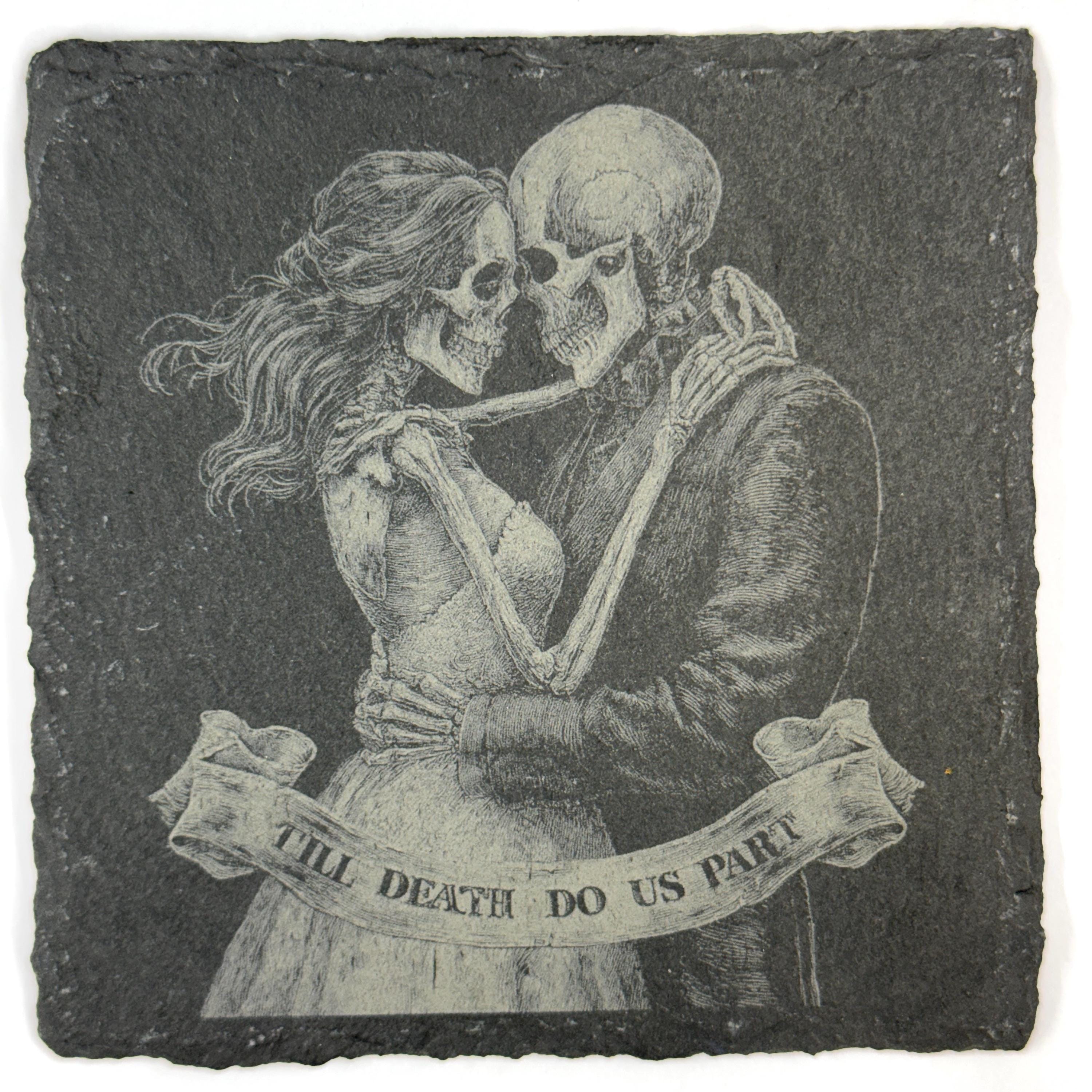 Gothic Dancing Bride & Groom Skeleton Couples Set of 4 Laser Engraved Slate Coasters