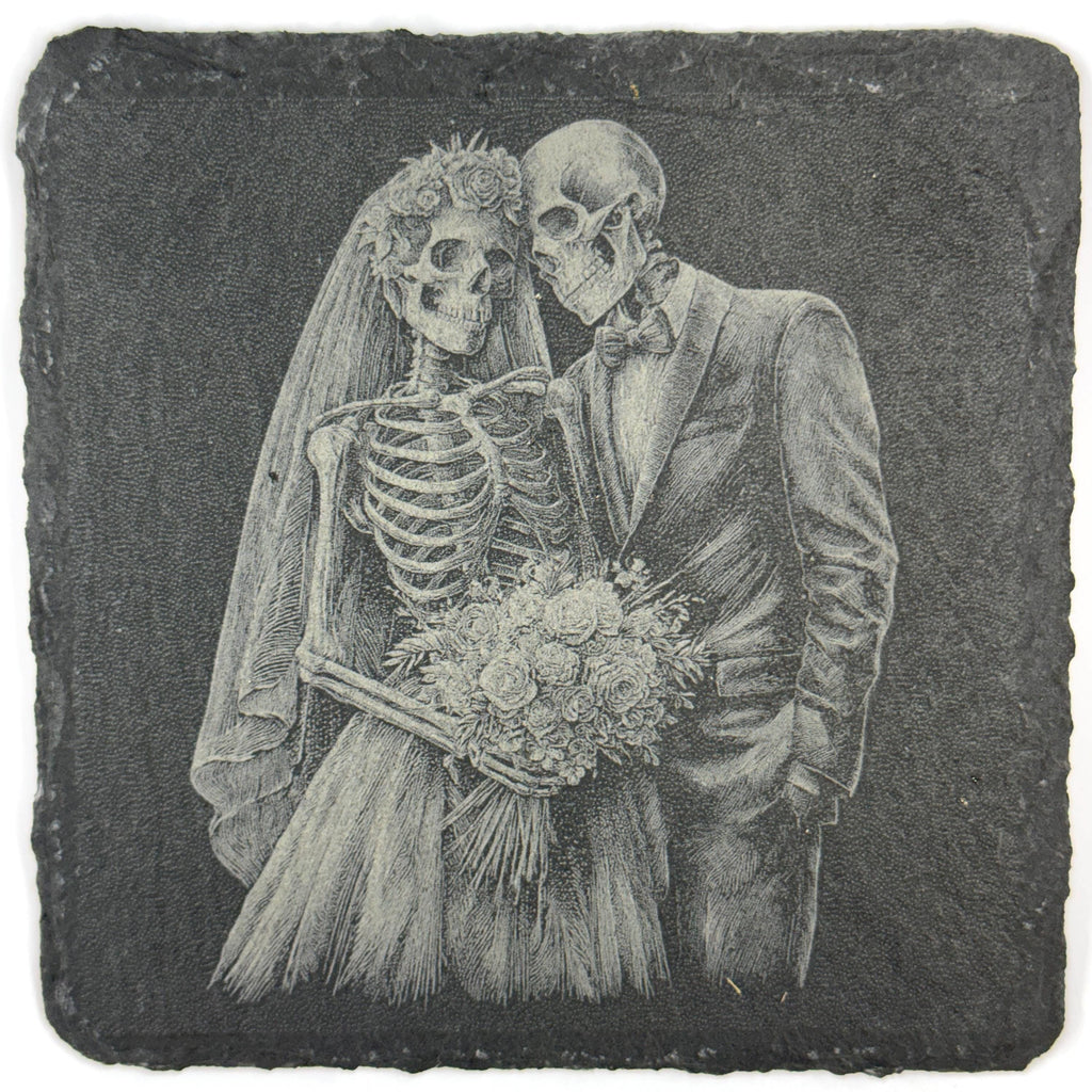 Gothic Dancing Bride & Groom Skeleton Couples Set of 4 Laser Engraved Slate Coasters