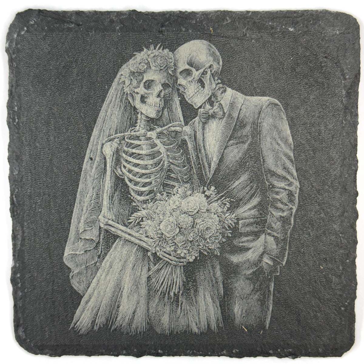 Gothic Dancing Bride & Groom Skeleton Couples Set of 4 Laser Engraved Slate Coasters