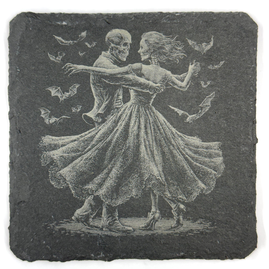 Gothic Dancing Bride & Groom Skeleton Couples Set of 4 Laser Engraved Slate Coasters
