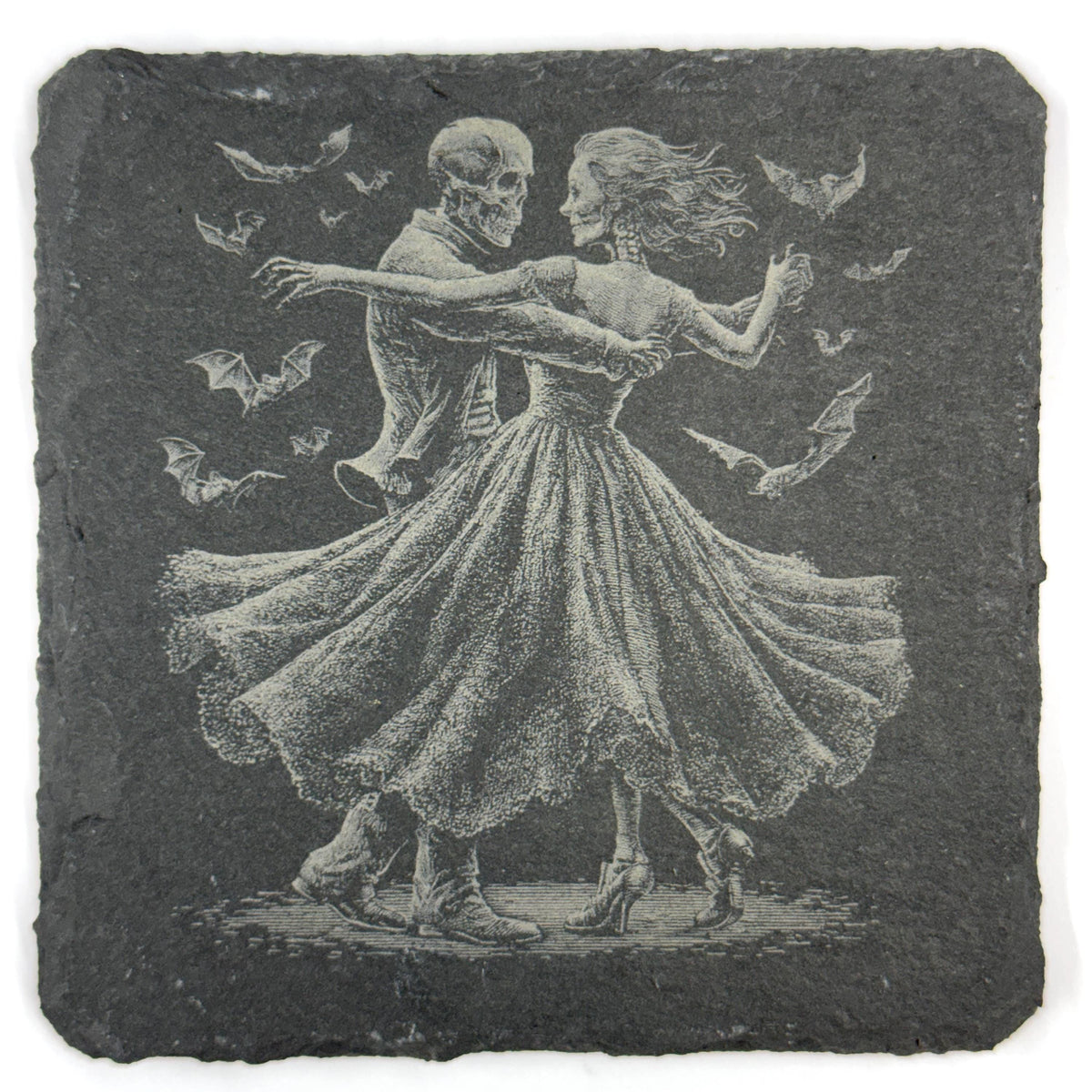 Gothic Dancing Bride & Groom Skeleton Couples Set of 4 Laser Engraved Slate Coasters