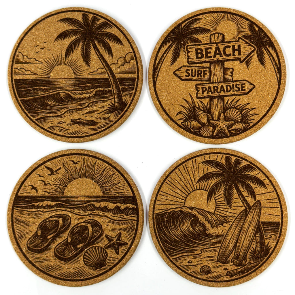 Beach Paradise Coastal Decor, Set of 4 Laser Engraved Cork Coasters