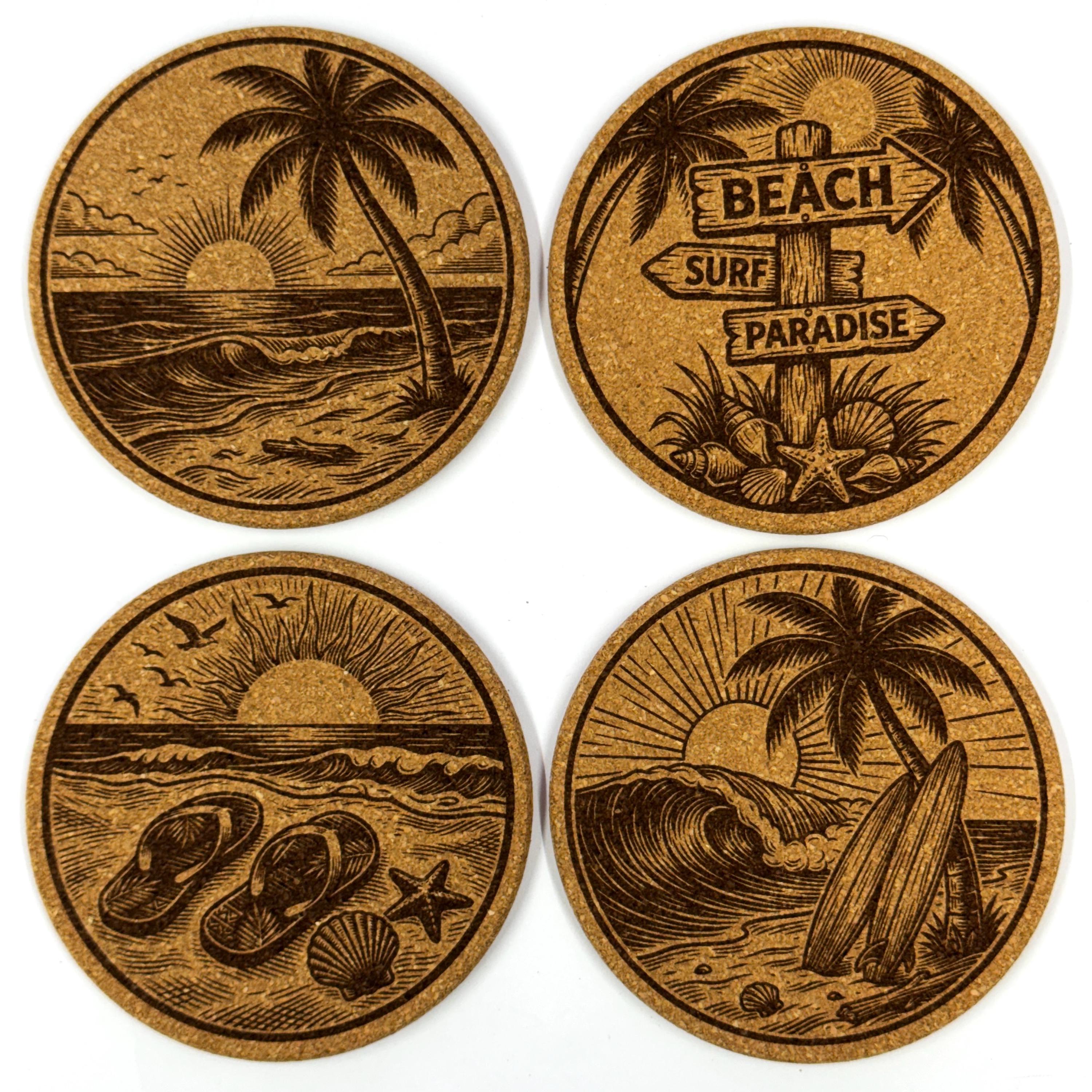Beach Paradise Coastal Decor, Set of 4 Laser Engraved Cork Coasters
