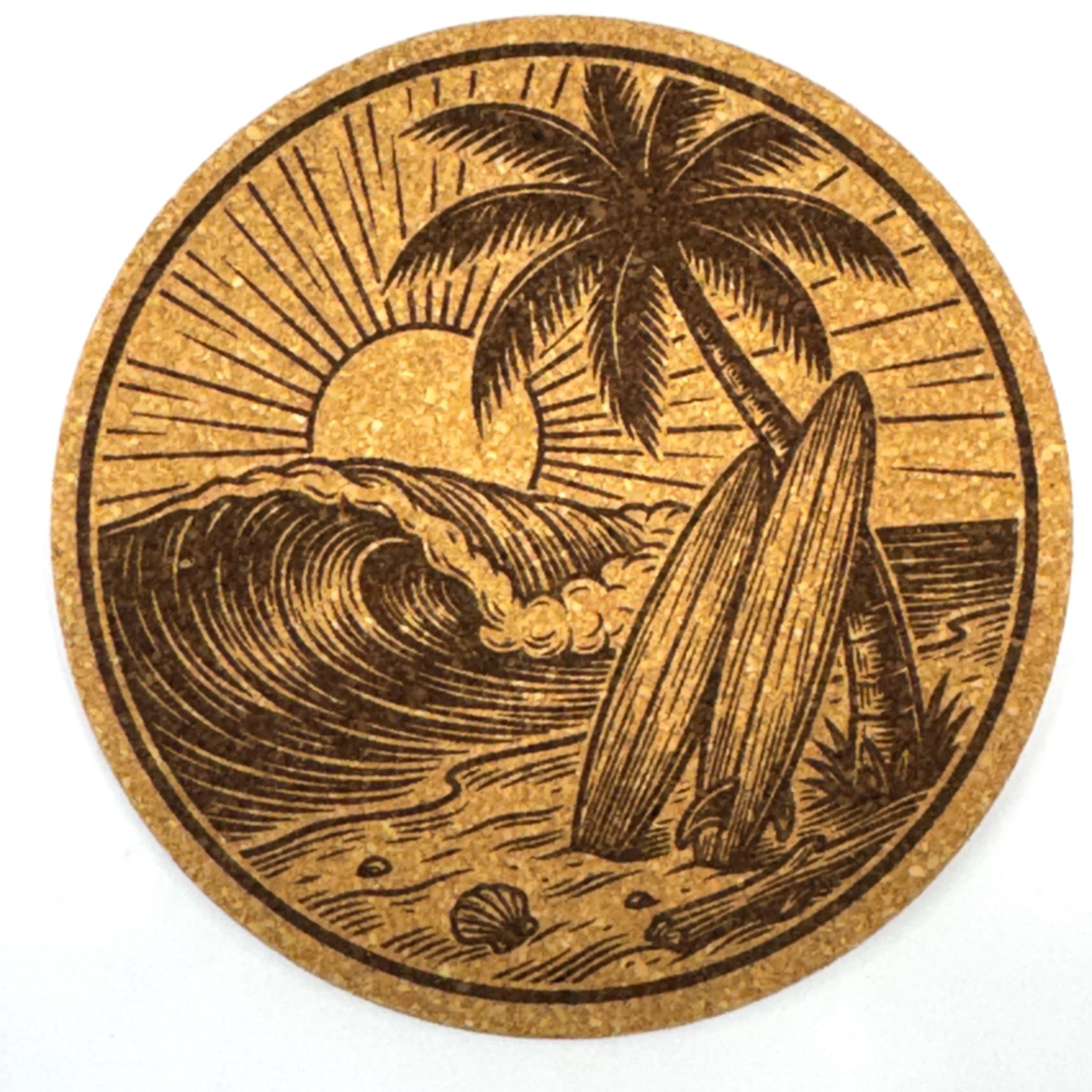Beach Paradise Coastal Decor, Set of 4 Laser Engraved Cork Coasters