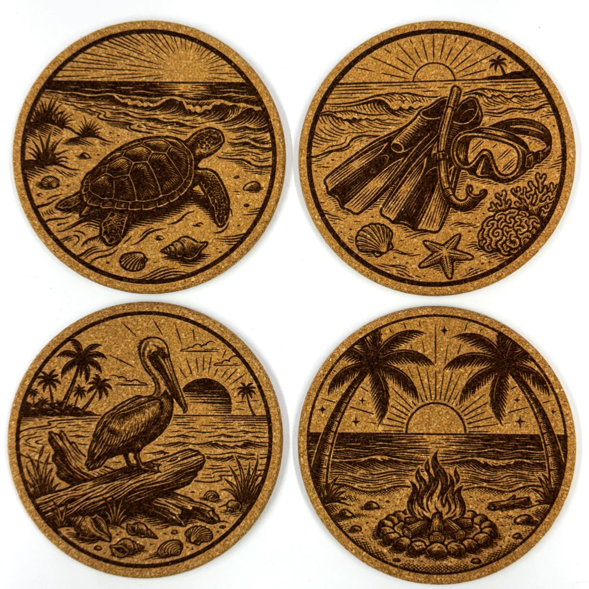Beach Adventure Coastal Decor, Set of 4 Laser Engraved Cork Coasters