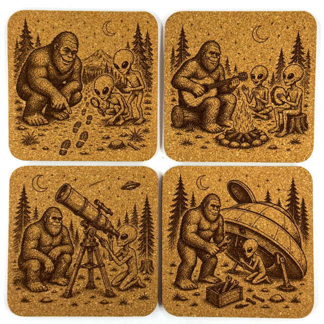 Bigfoot Alien Cork Coasters – Sasquatch UFO Forest Designs, Set of 4