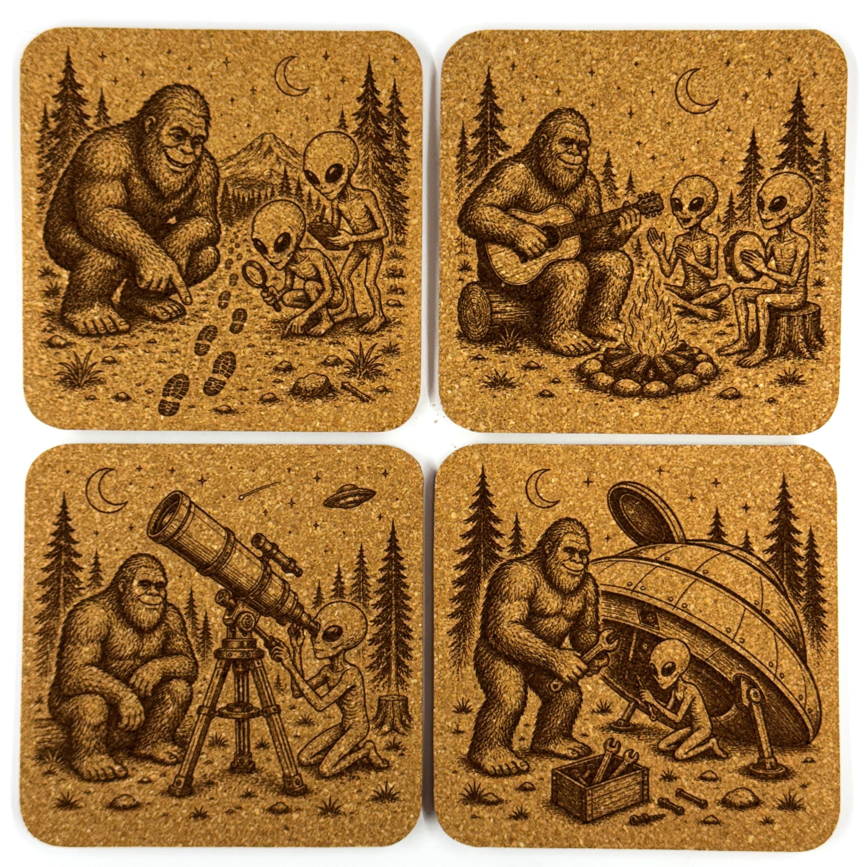 Bigfoot Alien Cork Coasters – Sasquatch UFO Forest Designs, Set of 4